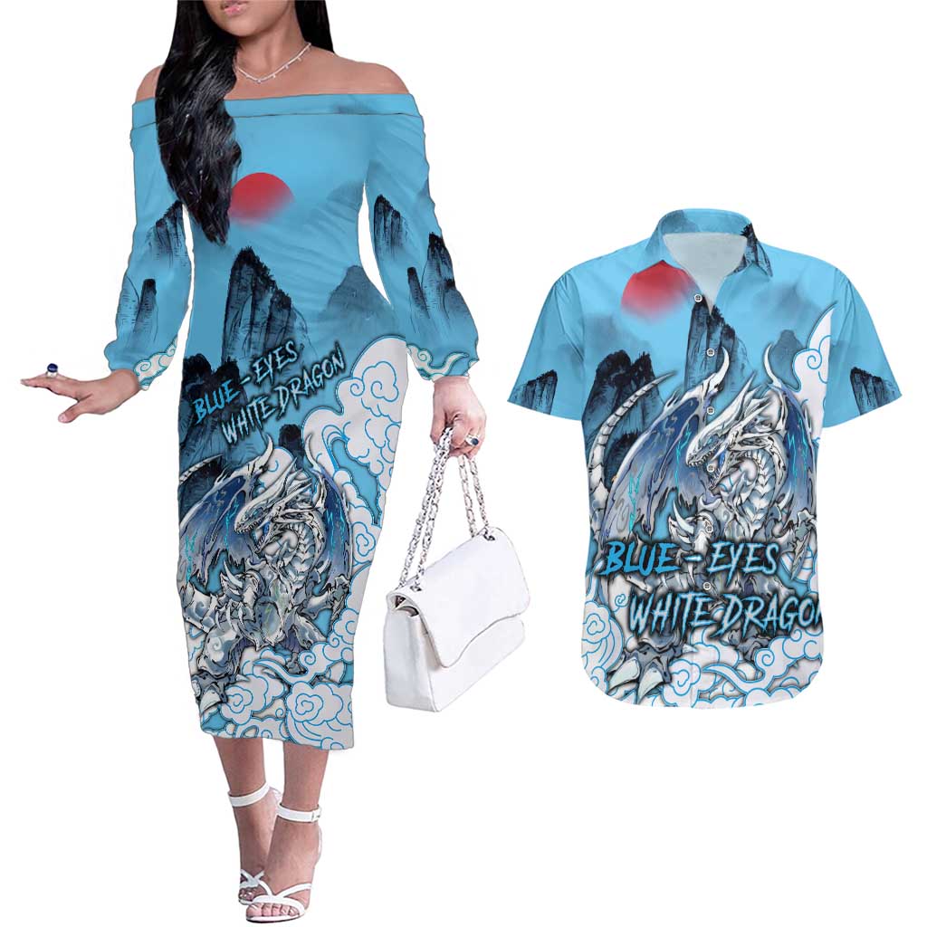 Blue-Eyes White Dragon Couples Matching Off The Shoulder Long Sleeve Dress and Hawaiian Shirt Anime Japan Art Style