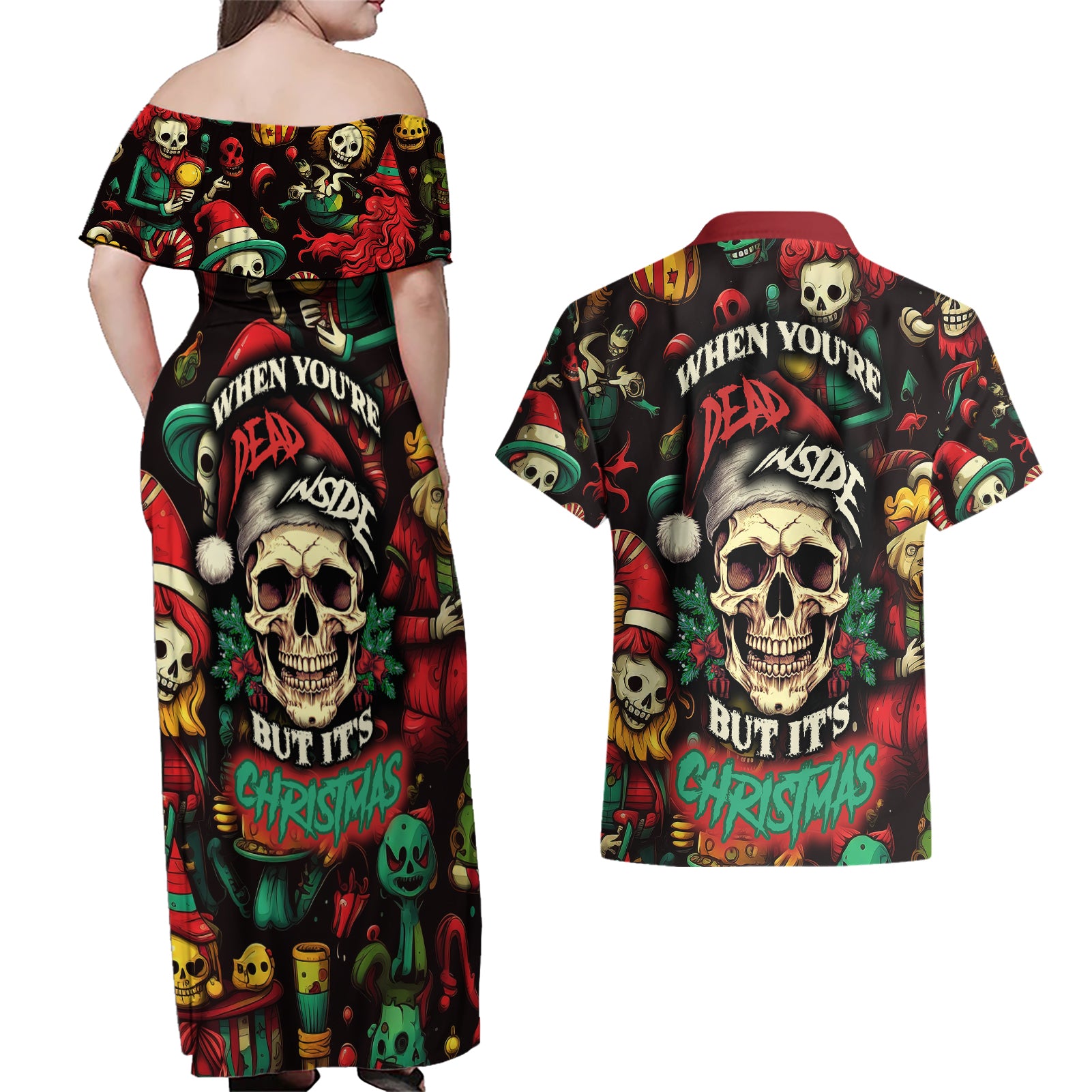 skull-christmas-couples-matching-off-shoulder-maxi-dress-and-hawaiian-shirt-when-youre-dead-inside-but-its-christmas