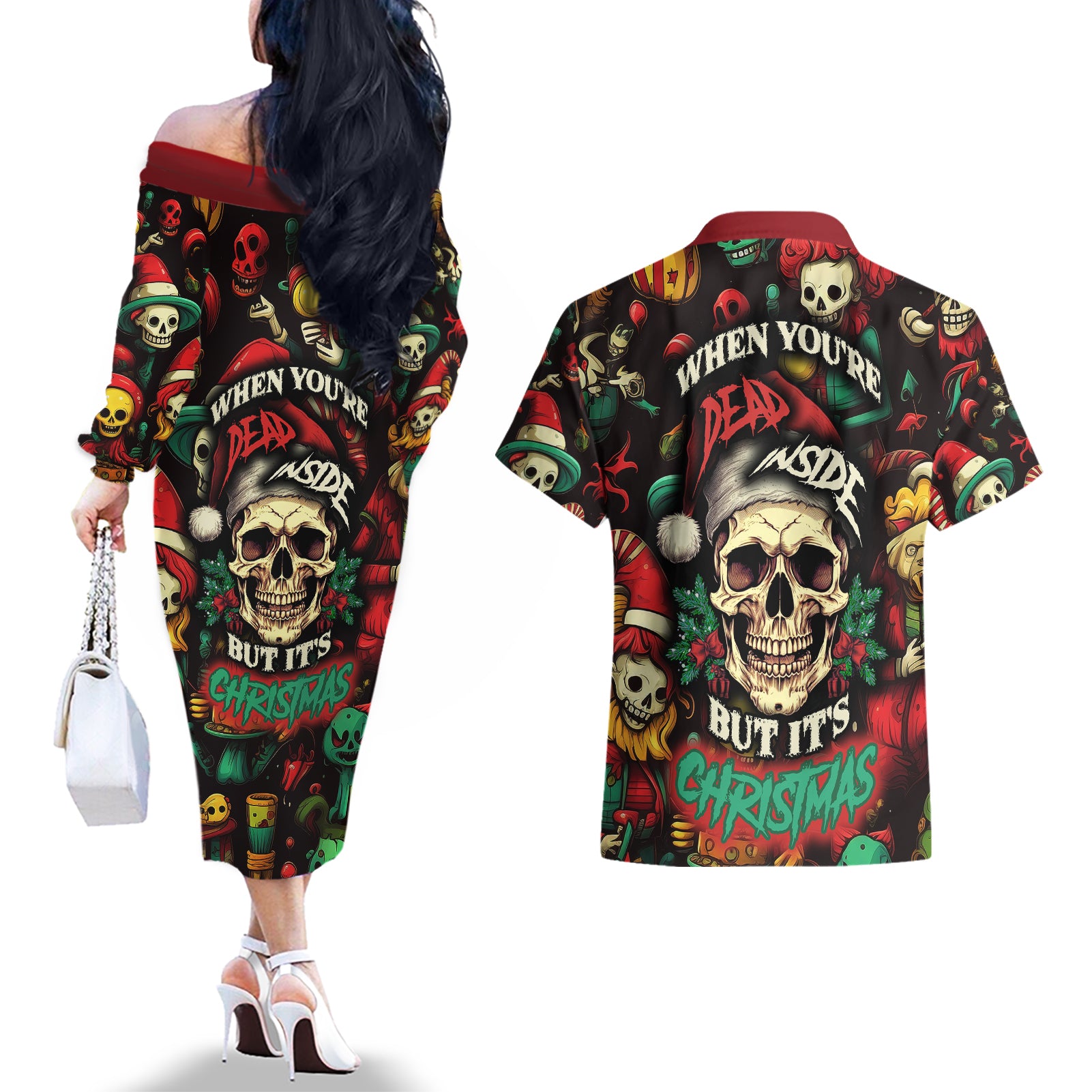 skull-christmas-couples-matching-off-the-shoulder-long-sleeve-dress-and-hawaiian-shirt-when-youre-dead-inside-but-its-christmas