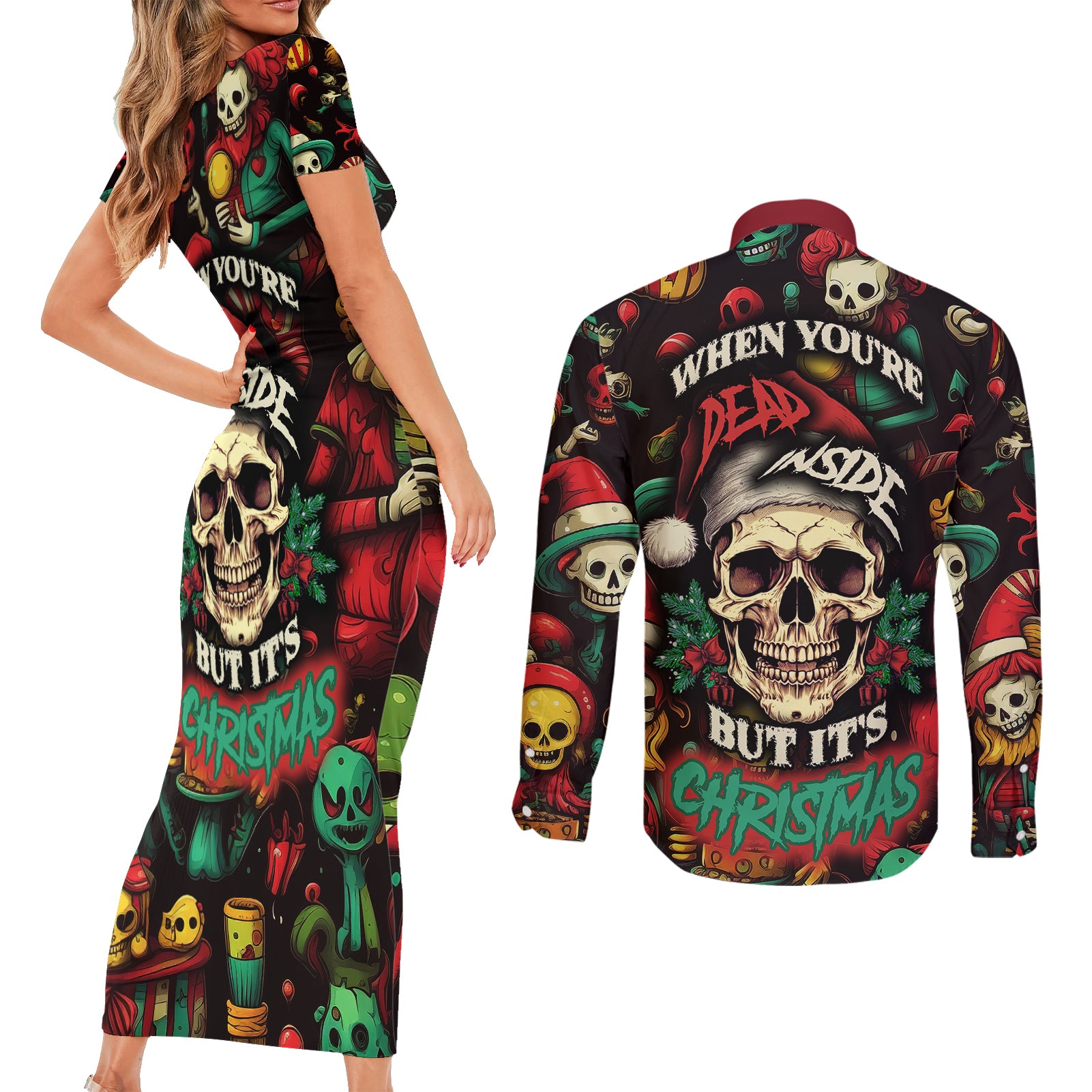 skull-christmas-couples-matching-short-sleeve-bodycon-dress-and-long-sleeve-button-shirts-when-youre-dead-inside-but-its-christmas