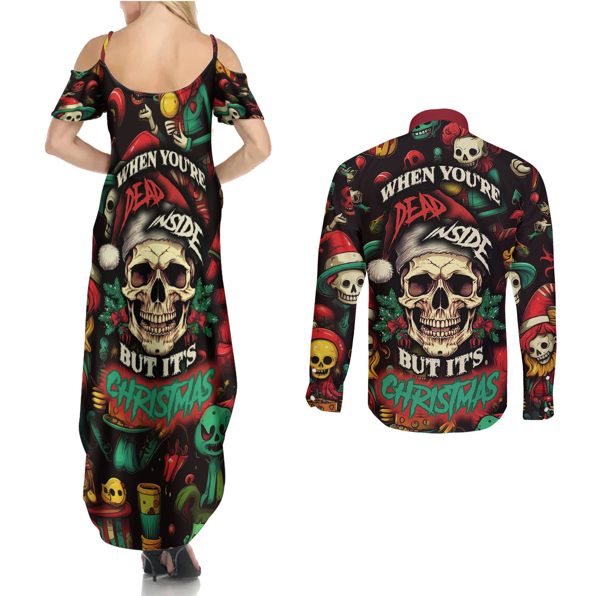 skull-christmas-couples-matching-summer-maxi-dress-and-long-sleeve-button-shirts-when-youre-dead-inside-but-its-christmas