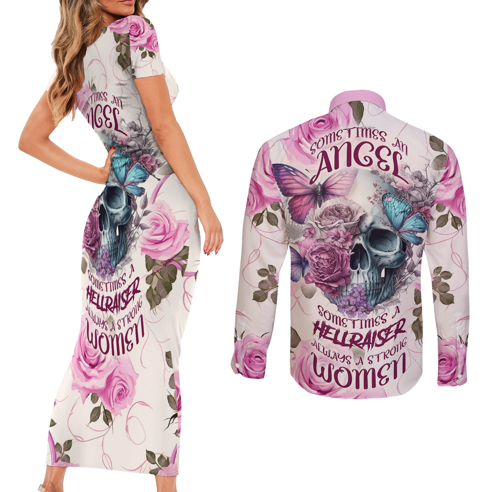 women-skull-couples-matching-short-sleeve-bodycon-dress-and-long-sleeve-button-shirts-some-time-an-angel-hellraiser-always-a-strong-women