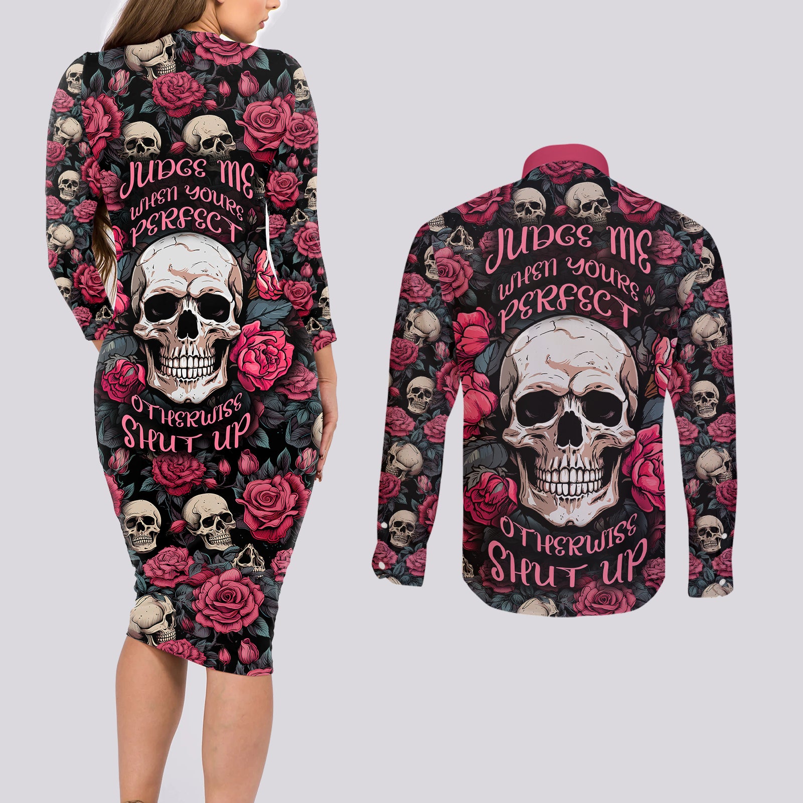 judge-me-when-yours-perfect-otherwise-shut-up-skull-couples-matching-long-sleeve-bodycon-dress-and-long-sleeve-button-shirts