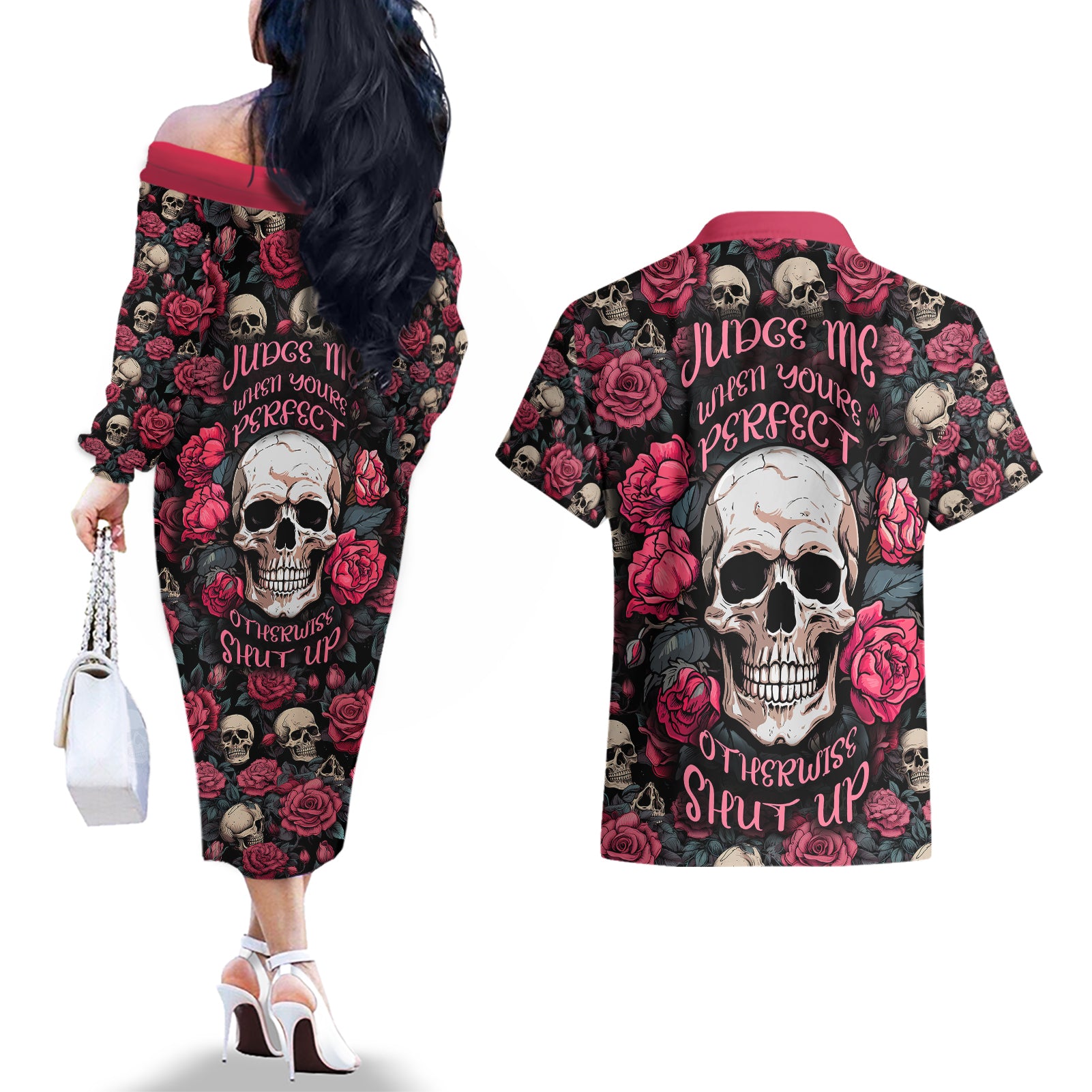 judge-me-when-yours-perfect-otherwise-shut-up-skull-couples-matching-off-the-shoulder-long-sleeve-dress-and-hawaiian-shirt