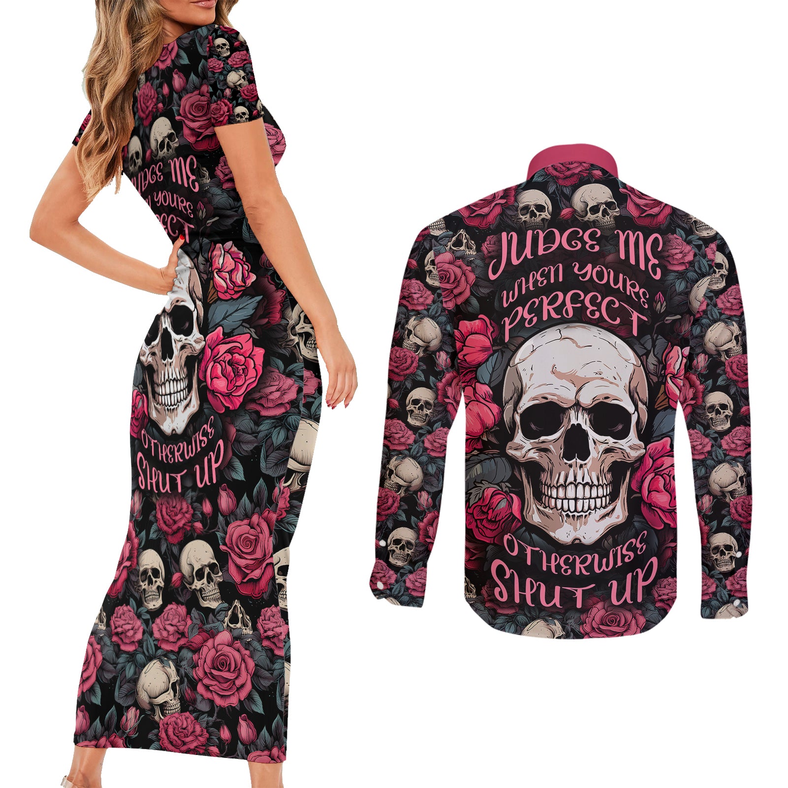 judge-me-when-yours-perfect-otherwise-shut-up-skull-couples-matching-short-sleeve-bodycon-dress-and-long-sleeve-button-shirts