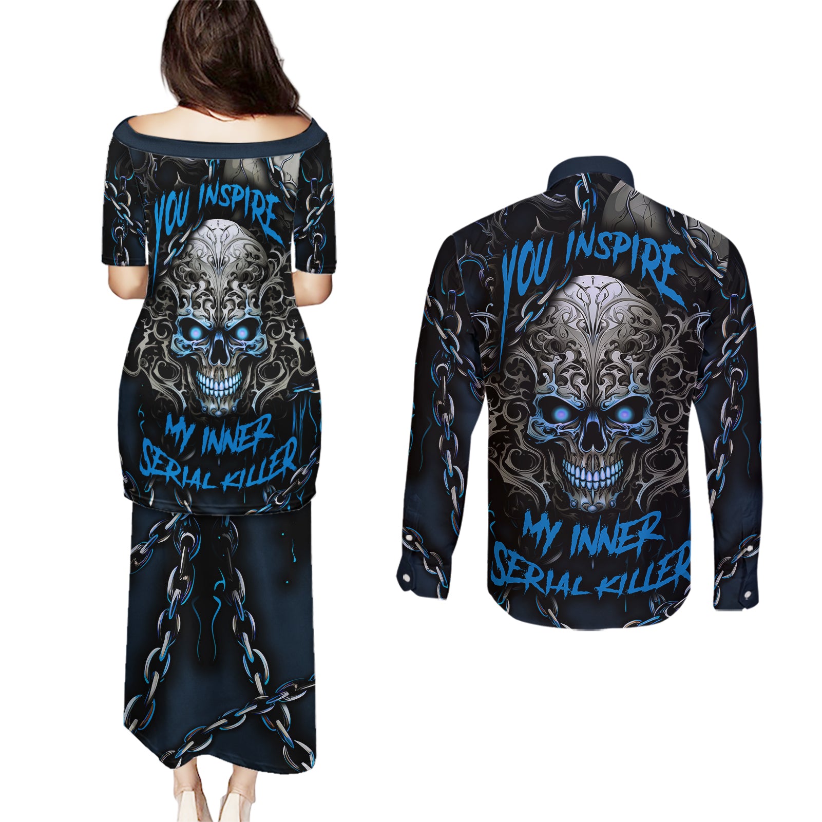 you-inspire-my-inner-serial-killer-skull-couples-matching-puletasi-dress-and-long-sleeve-button-shirts