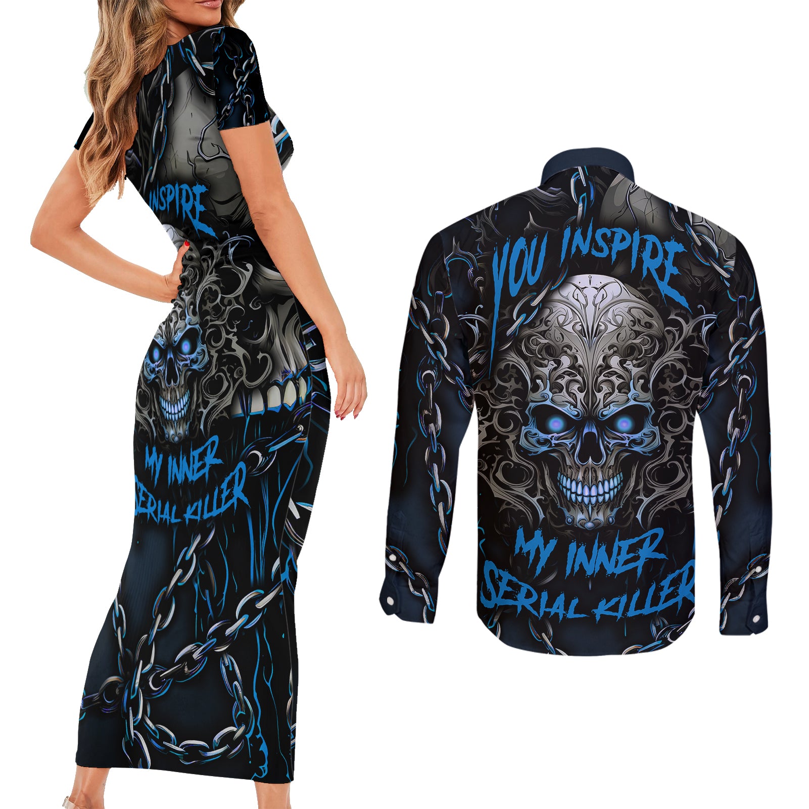 you-inspire-my-inner-serial-killer-skull-couples-matching-short-sleeve-bodycon-dress-and-long-sleeve-button-shirts