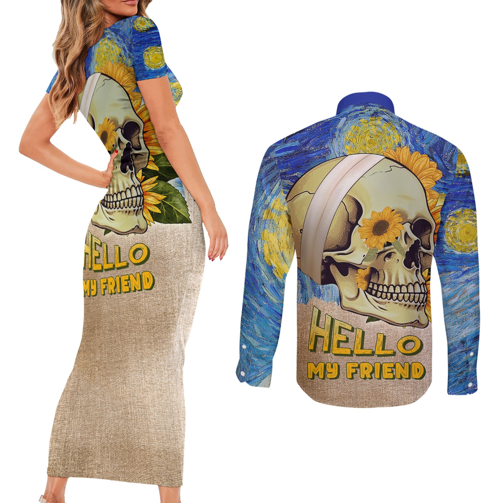 van-gogh-style-skull-couples-matching-short-sleeve-bodycon-dress-and-long-sleeve-button-shirts-hello-my-friend