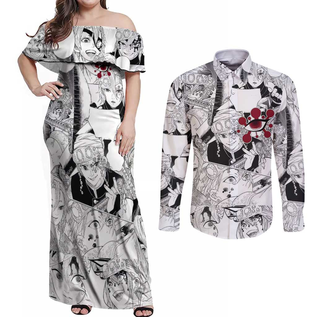 Uzui Tengen Manga Collage Demon Slayer Couples Matching Off Shoulder Maxi Dress and Long Sleeve Button Shirt Anime Style