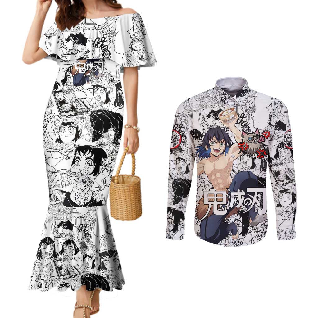 Hashibira Inosuke Manga Collage Demon Slayer Couples Matching Mermaid Dress and Long Sleeve Button Shirt Anime Mix Manga Style