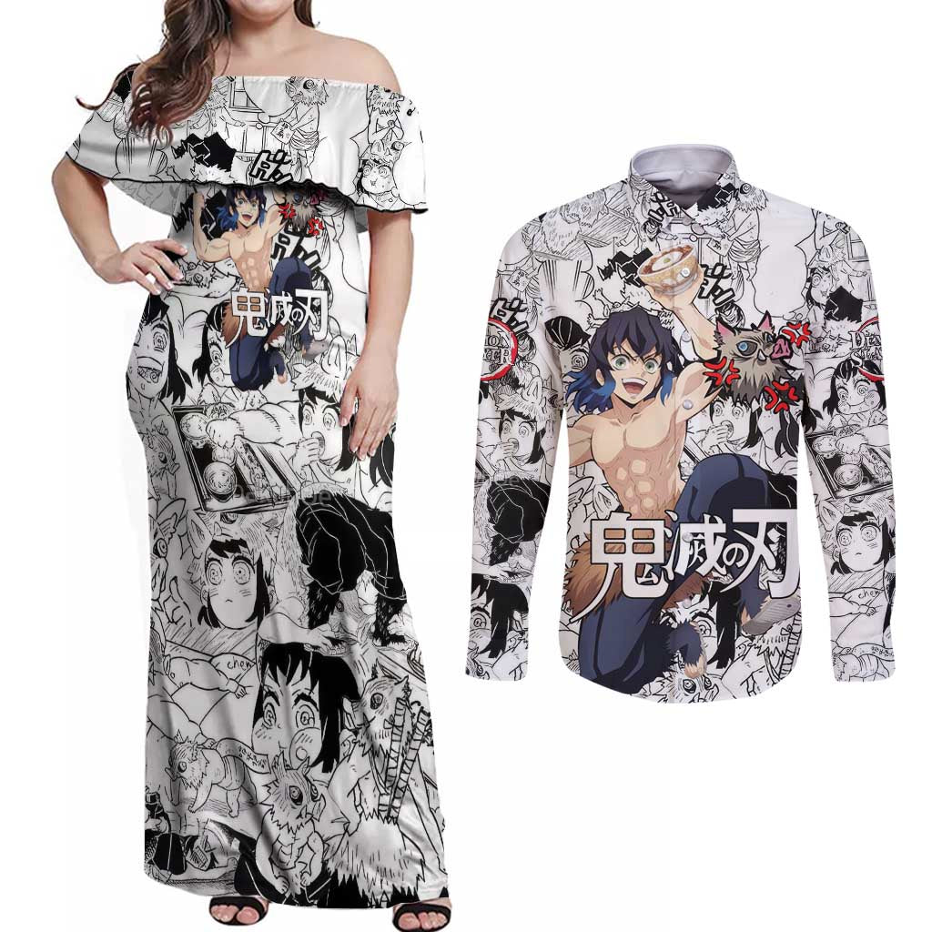 Hashibira Inosuke Manga Collage Demon Slayer Couples Matching Off Shoulder Maxi Dress and Long Sleeve Button Shirt Anime Mix Manga Style