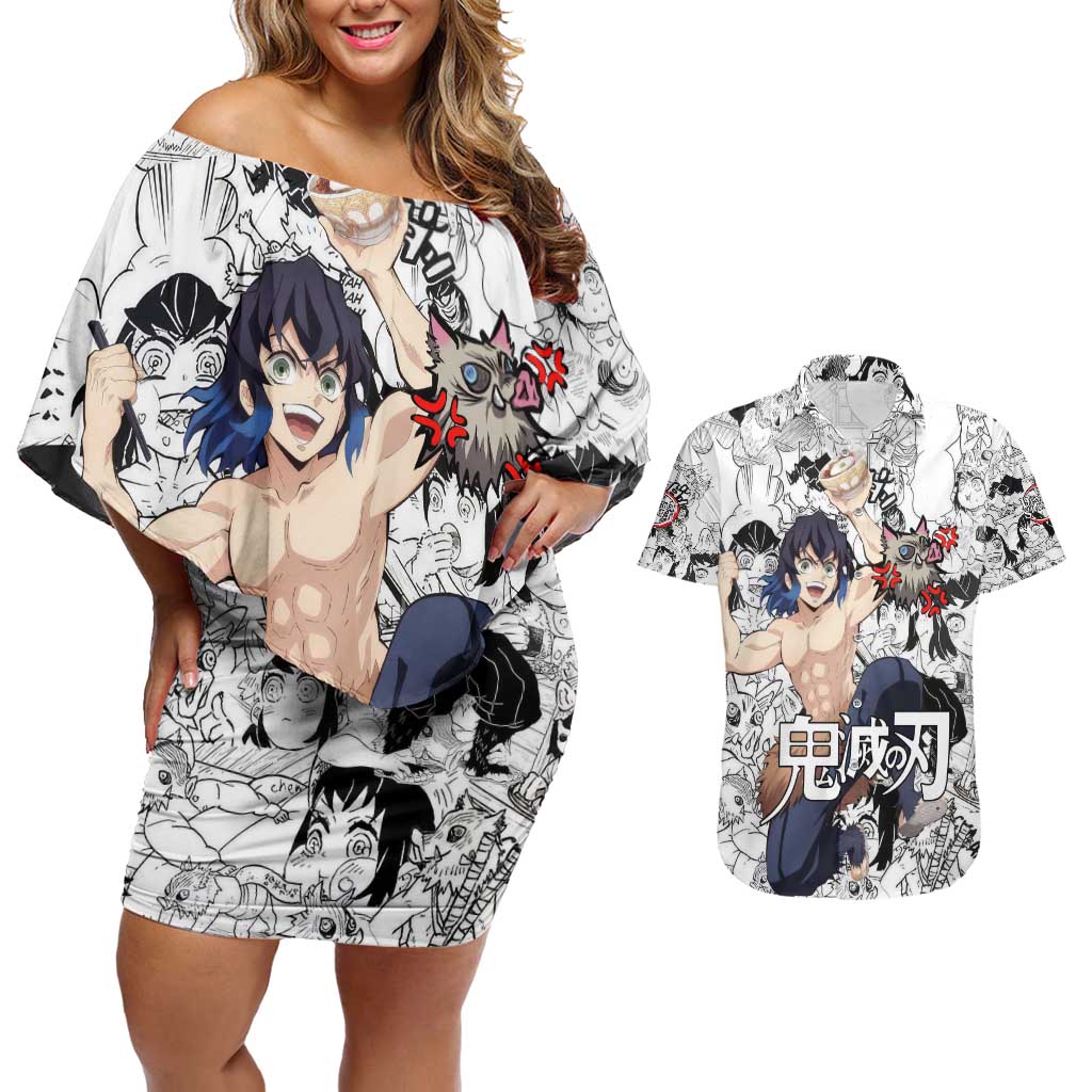 Hashibira Inosuke Manga Collage Demon Slayer Couples Matching Off Shoulder Short Dress and Hawaiian Shirt Anime Mix Manga Style