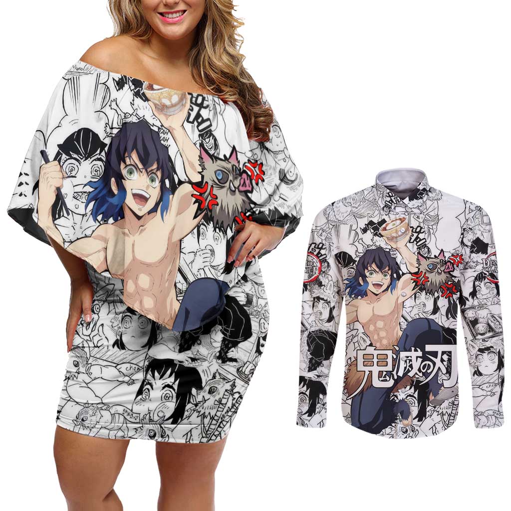 Hashibira Inosuke Manga Collage Demon Slayer Couples Matching Off Shoulder Short Dress and Long Sleeve Button Shirt Anime Mix Manga Style