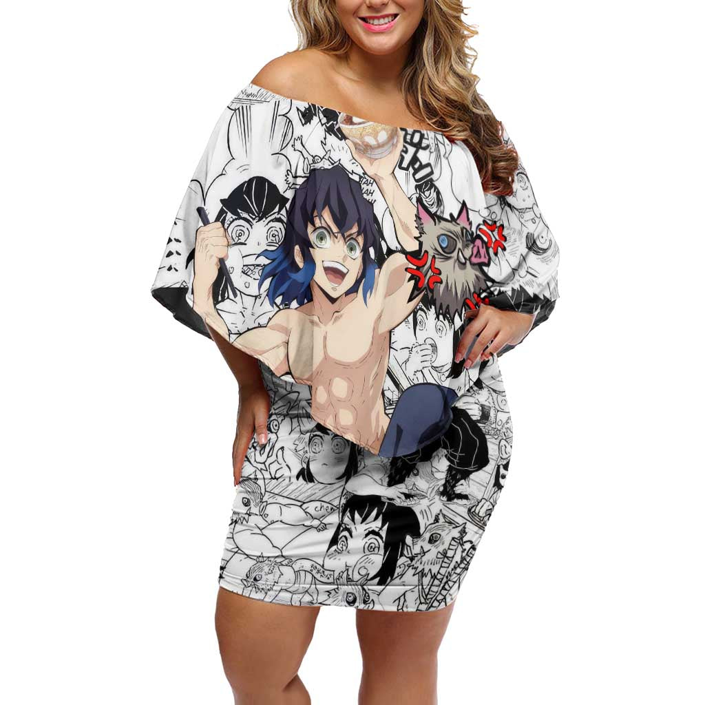 Hashibira Inosuke Manga Collage Demon Slayer Off Shoulder Short Dress Anime Mix Manga Style