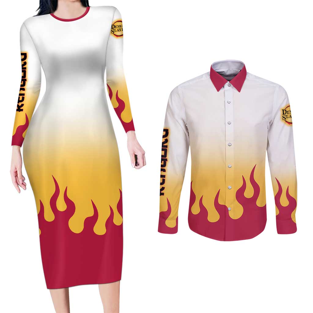 Kyojuro Rengoku Haori Demon Slayer Couples Matching Long Sleeve Bodycon Dress and Long Sleeve Button Shirt Anime Style