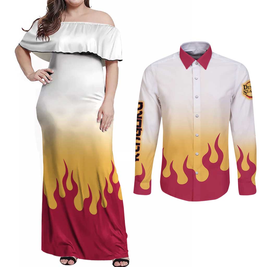 Kyojuro Rengoku Haori Demon Slayer Couples Matching Off Shoulder Maxi Dress and Long Sleeve Button Shirt Anime Style