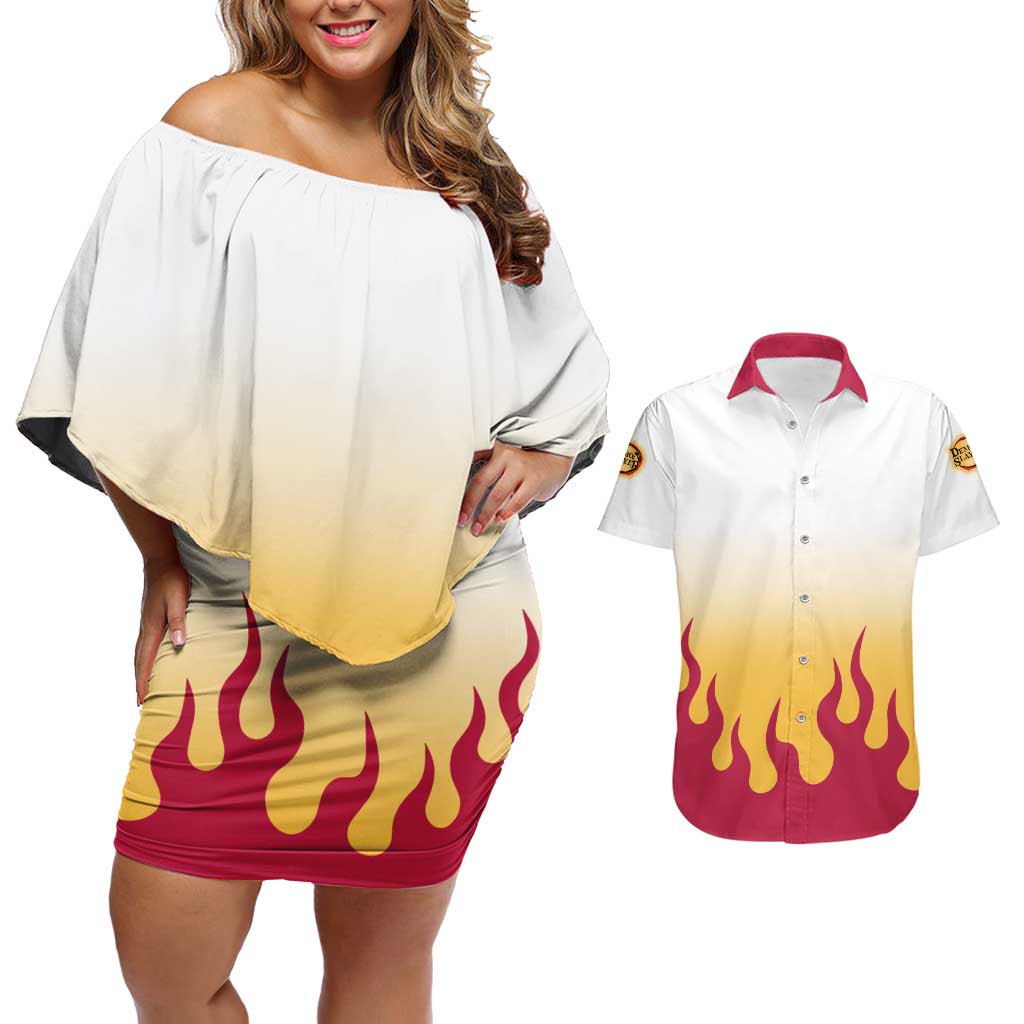 Kyojuro Rengoku Haori Demon Slayer Couples Matching Off Shoulder Short Dress and Hawaiian Shirt Anime Style