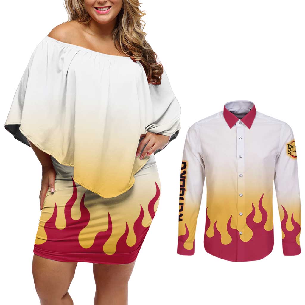 Kyojuro Rengoku Haori Demon Slayer Couples Matching Off Shoulder Short Dress and Long Sleeve Button Shirt Anime Style