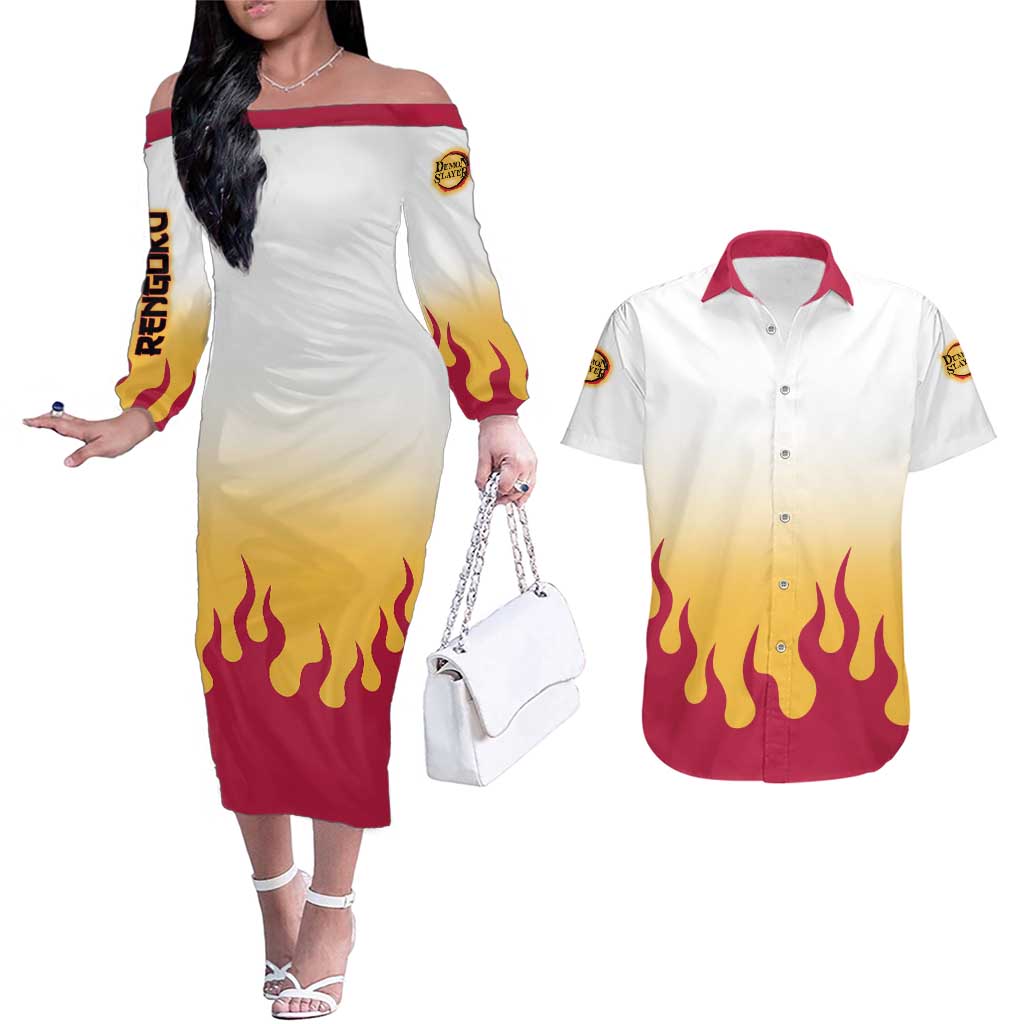 Kyojuro Rengoku Haori Demon Slayer Couples Matching Off The Shoulder Long Sleeve Dress and Hawaiian Shirt Anime Style