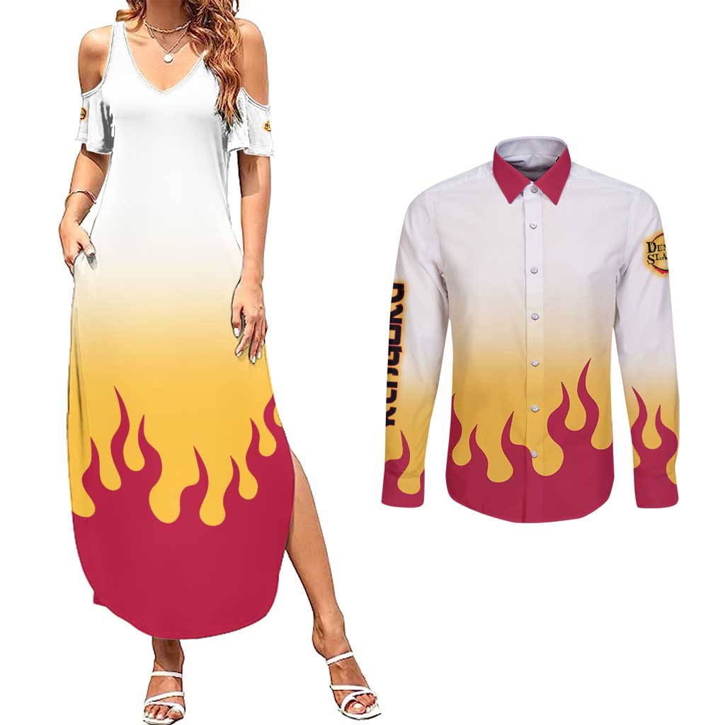 Kyojuro Rengoku Haori Demon Slayer Couples Matching Summer Maxi Dress and Long Sleeve Button Shirt Anime Style