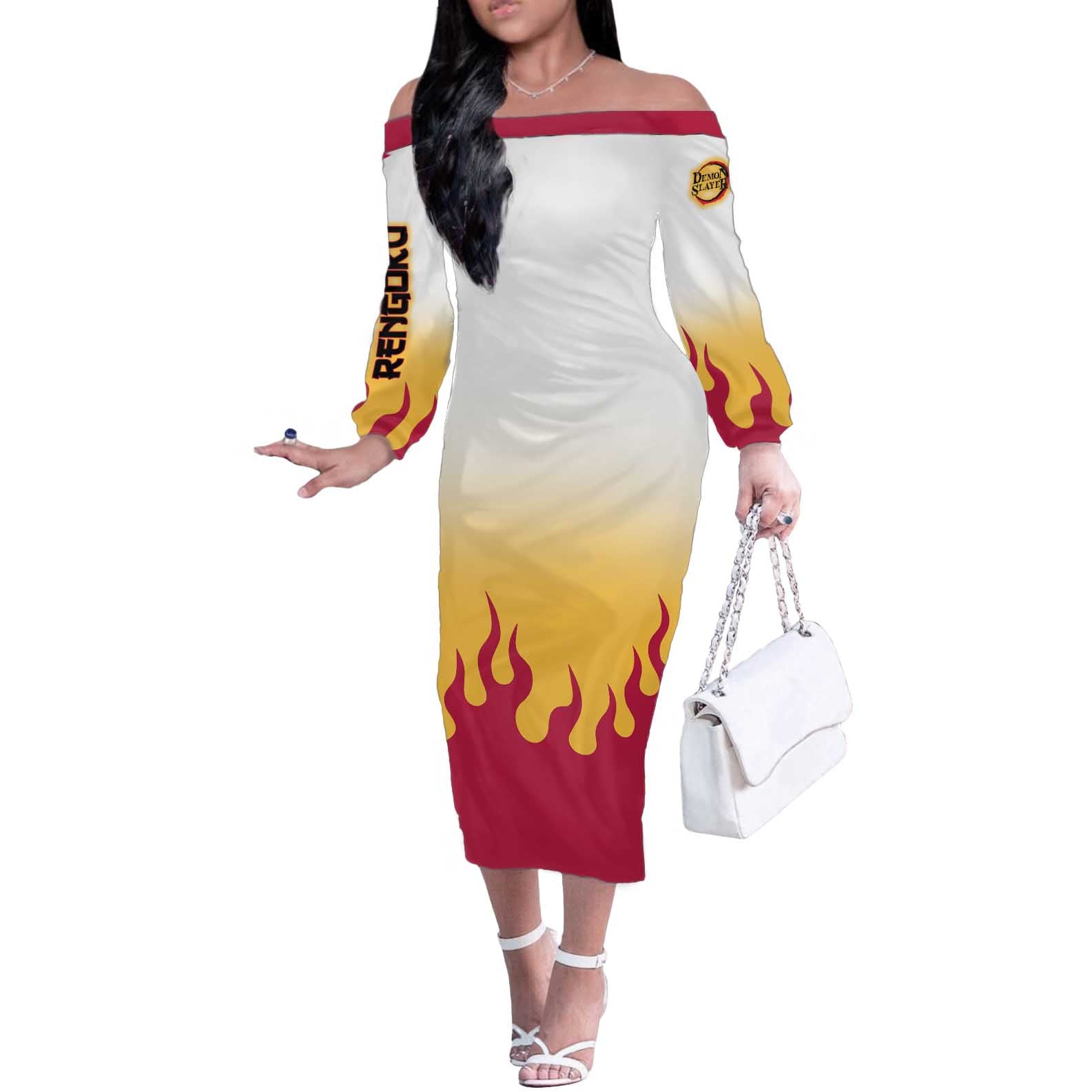 Kyojuro Rengoku Haori Demon Slayer Off The Shoulder Long Sleeve Dress Anime Style