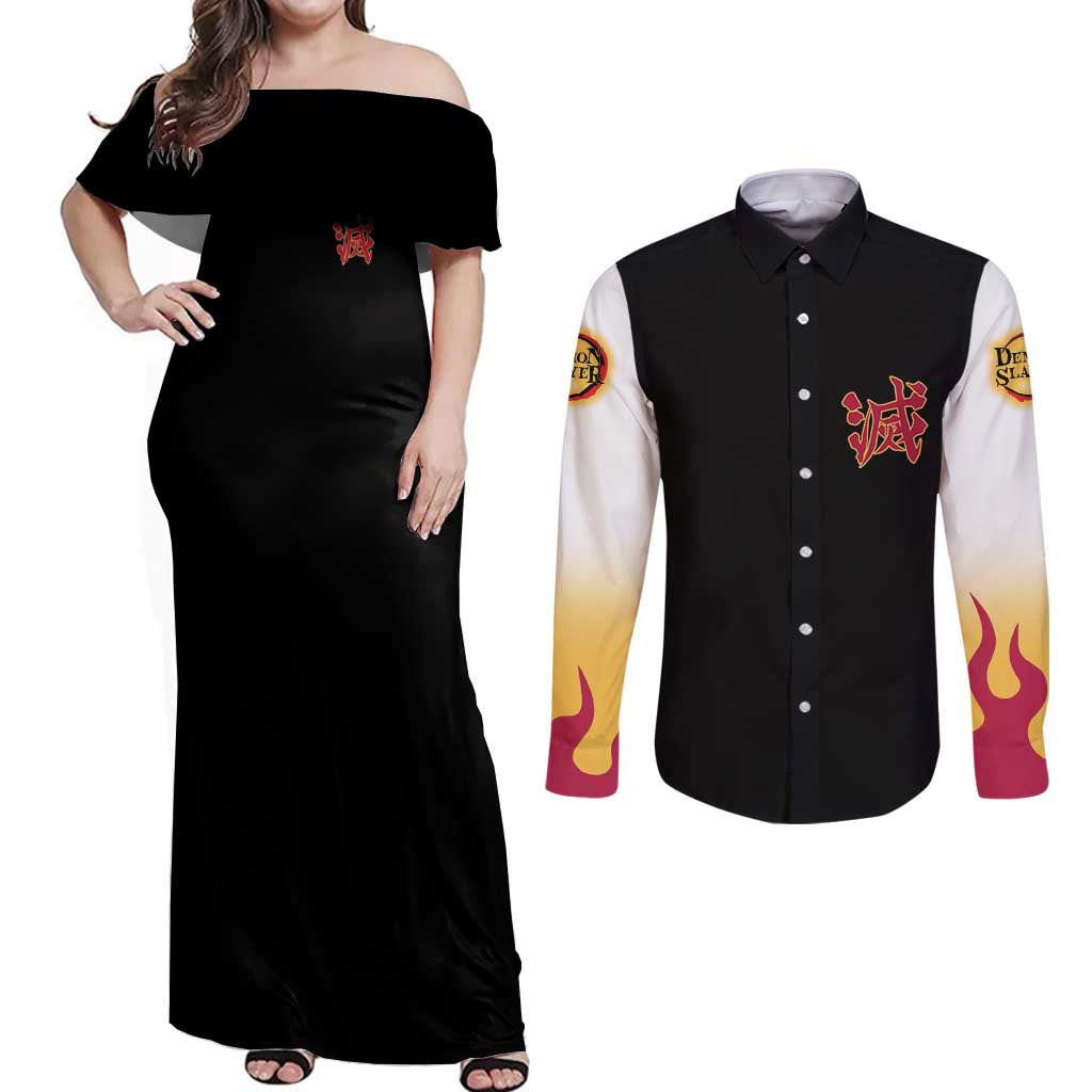 Kyojuro Rengoku V2 Demon Slayer Couples Matching Off Shoulder Maxi Dress and Long Sleeve Button Shirt Anime Style