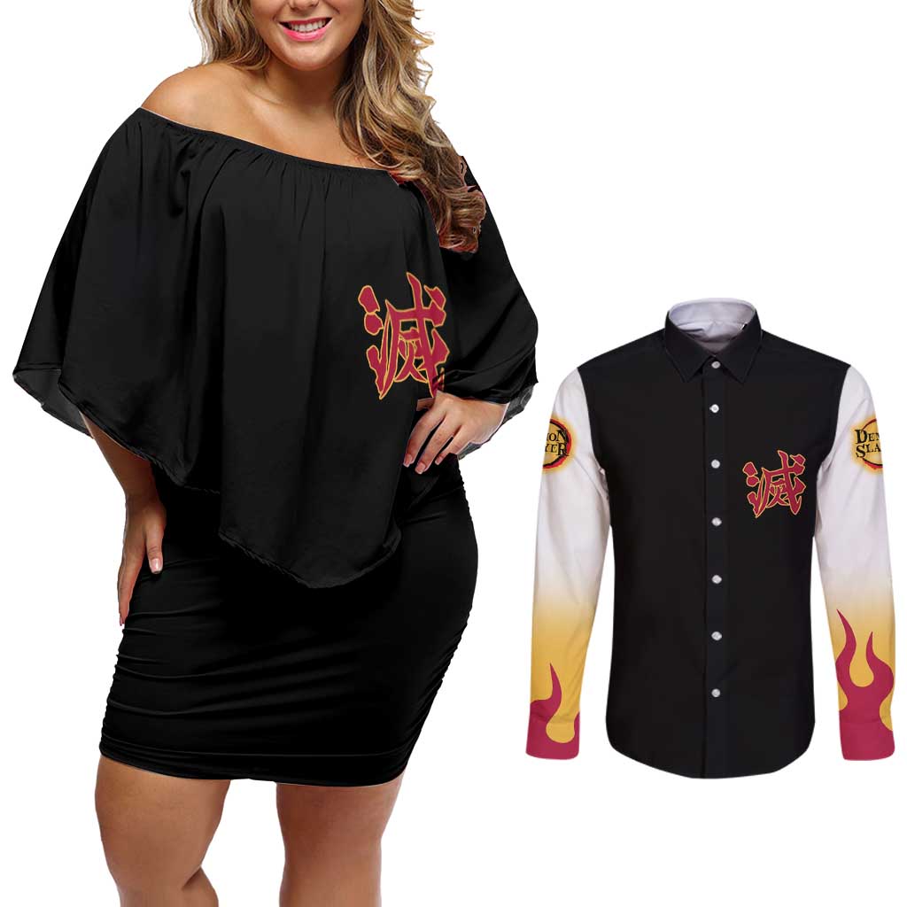 Kyojuro Rengoku V2 Demon Slayer Couples Matching Off Shoulder Short Dress and Long Sleeve Button Shirt Anime Style