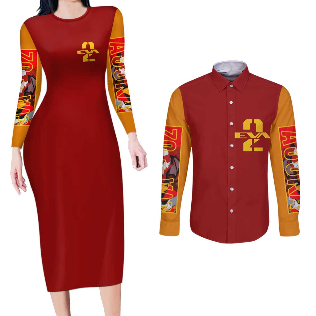 Asuka Langley Sohryu x Eva 02 Neon Genesis Evangelion Couples Matching Long Sleeve Bodycon Dress and Long Sleeve Button Shirt Anime Style