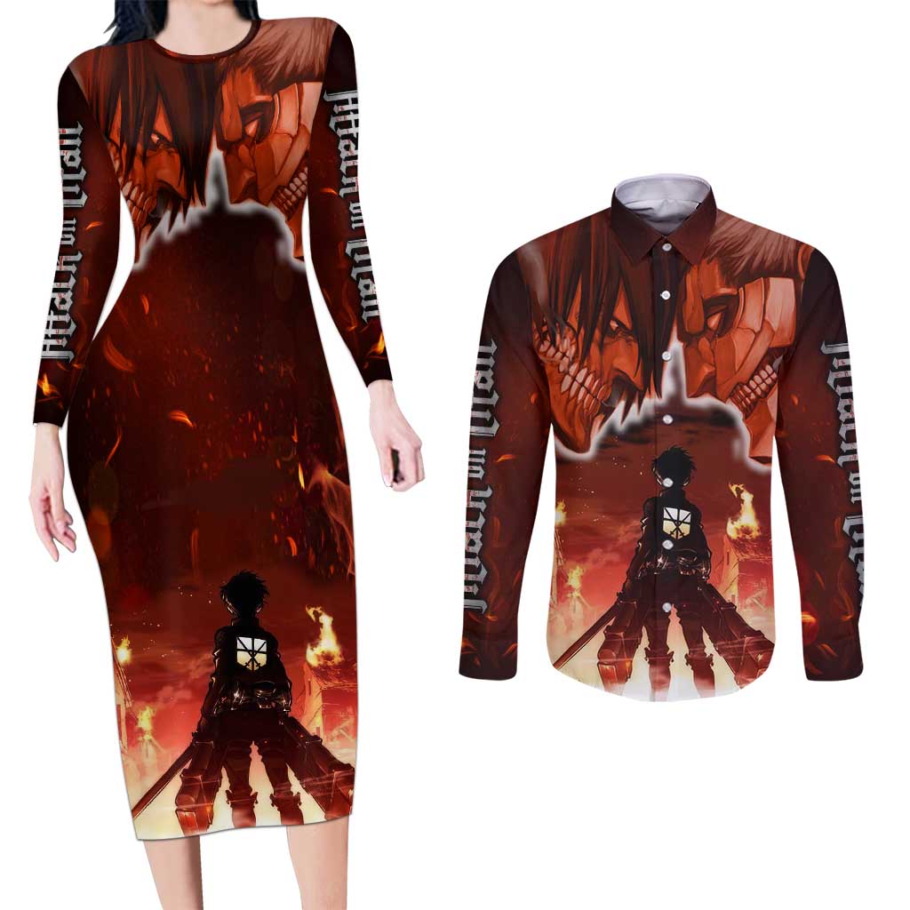 Burning Attack on Titan Couples Matching Long Sleeve Bodycon Dress and Long Sleeve Button Shirt Anime  Mix Trippy Style