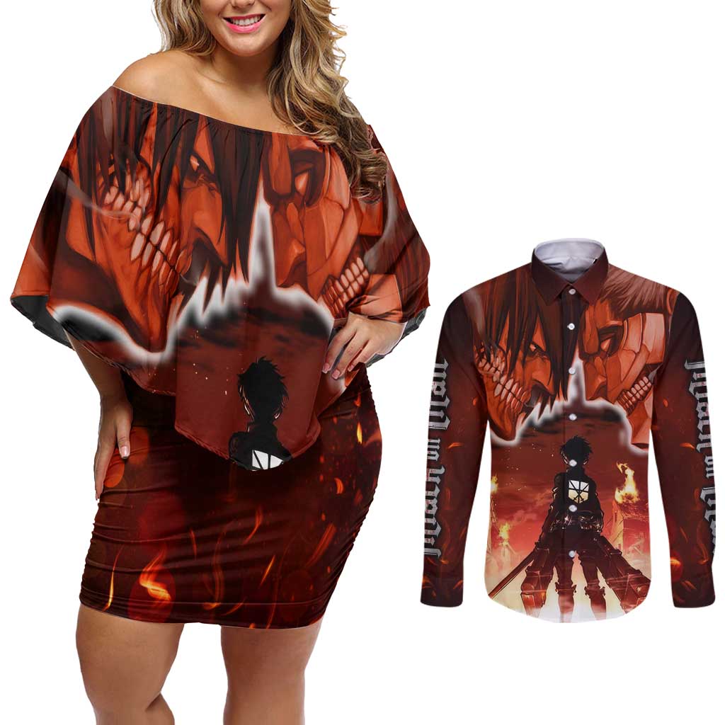 Burning Attack on Titan Couples Matching Off Shoulder Short Dress and Long Sleeve Button Shirt Anime  Mix Trippy Style