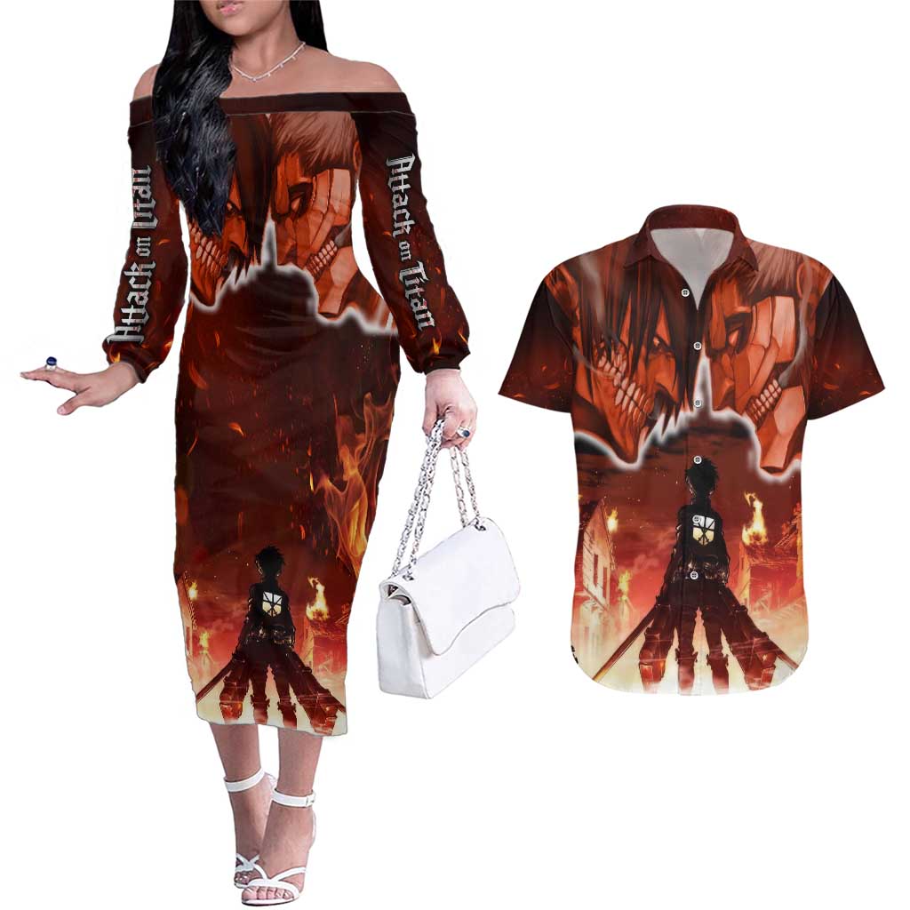 Burning Attack on Titan Couples Matching Off The Shoulder Long Sleeve Dress and Hawaiian Shirt Anime  Mix Trippy Style