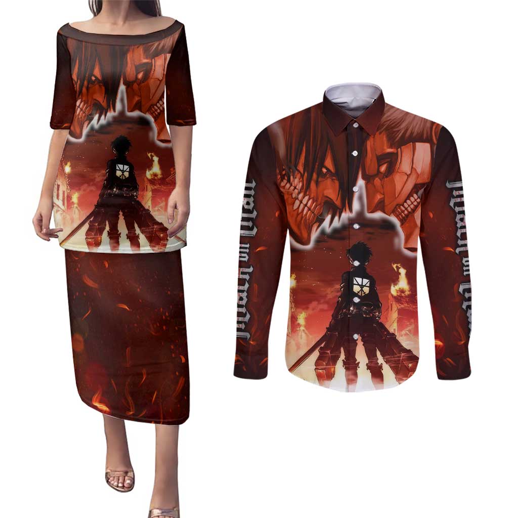 Burning Attack on Titan Couples Matching Puletasi and Long Sleeve Button Shirt Anime  Mix Trippy Style