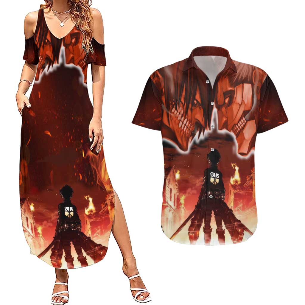 Burning Attack on Titan Couples Matching Summer Maxi Dress and Hawaiian Shirt Anime  Mix Trippy Style