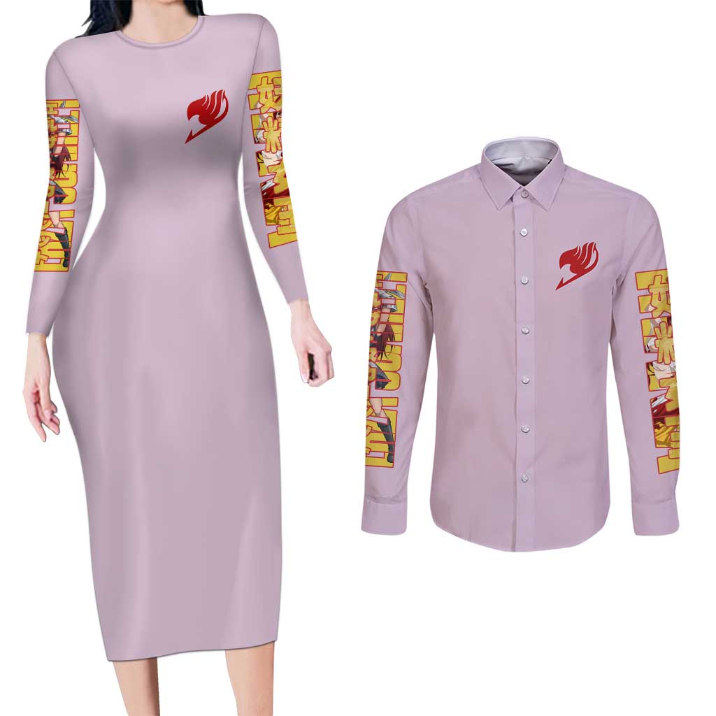 Erza Scarlet Fairy Tail Couples Matching Long Sleeve Bodycon Dress and Long Sleeve Button Shirt Anime Style