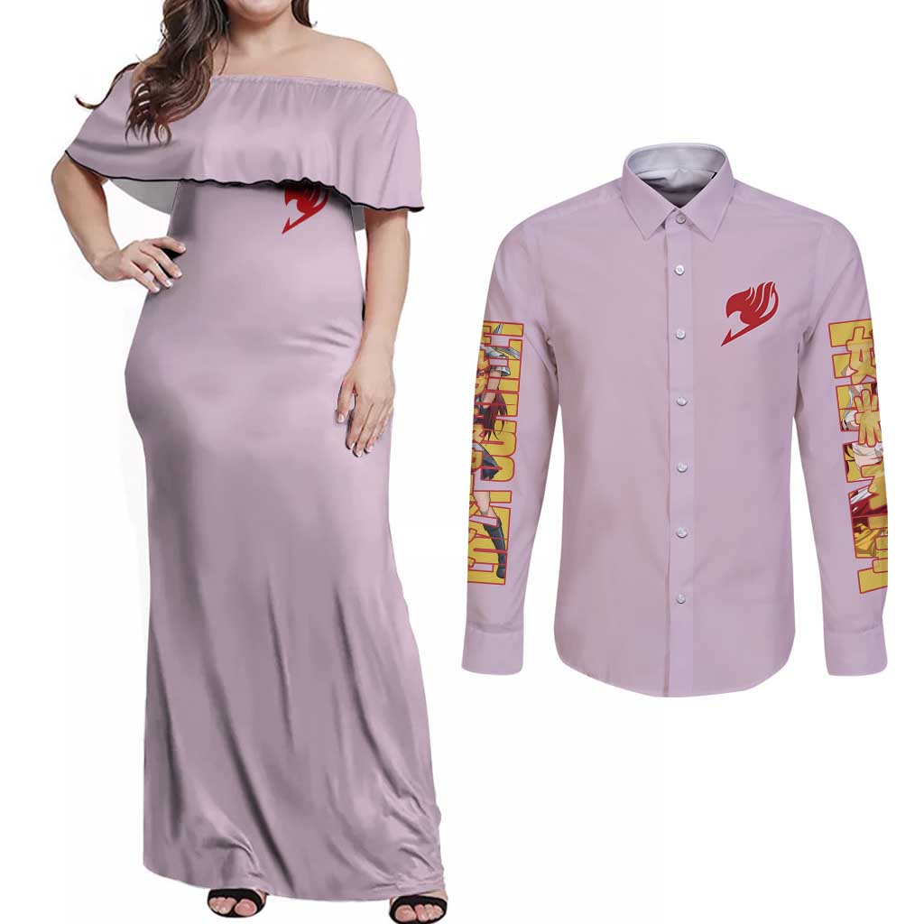 Erza Scarlet Fairy Tail Couples Matching Off Shoulder Maxi Dress and Long Sleeve Button Shirt Anime Style