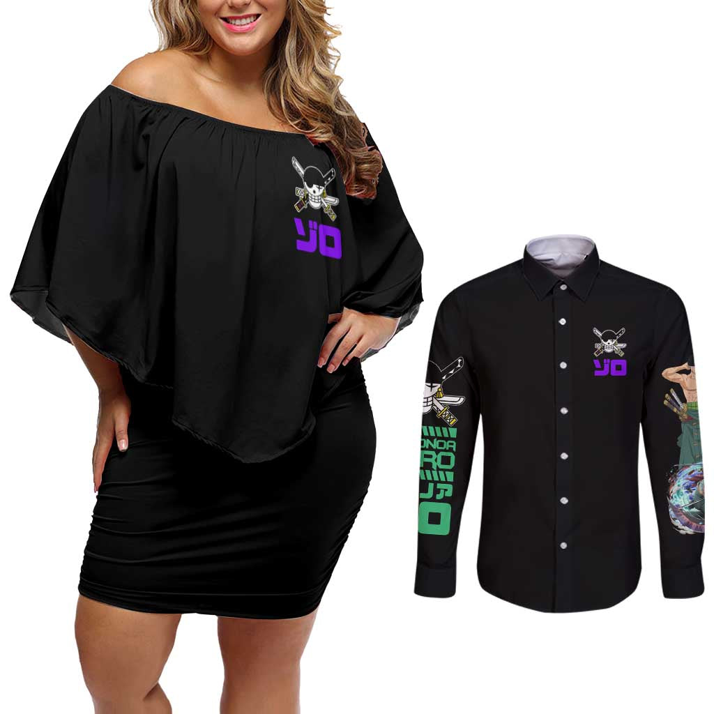 Roronoa Zoro V4 One Piece Couples Matching Off Shoulder Short Dress and Long Sleeve Button Shirt Anime Style