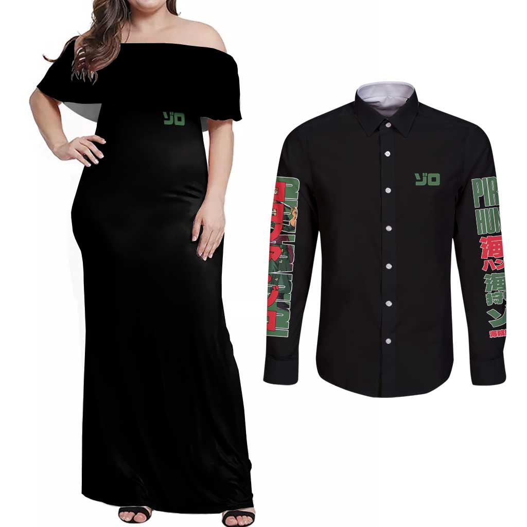 Roronoa Zoro V3 One Piece Couples Matching Off Shoulder Maxi Dress and Long Sleeve Button Shirt Anime Style