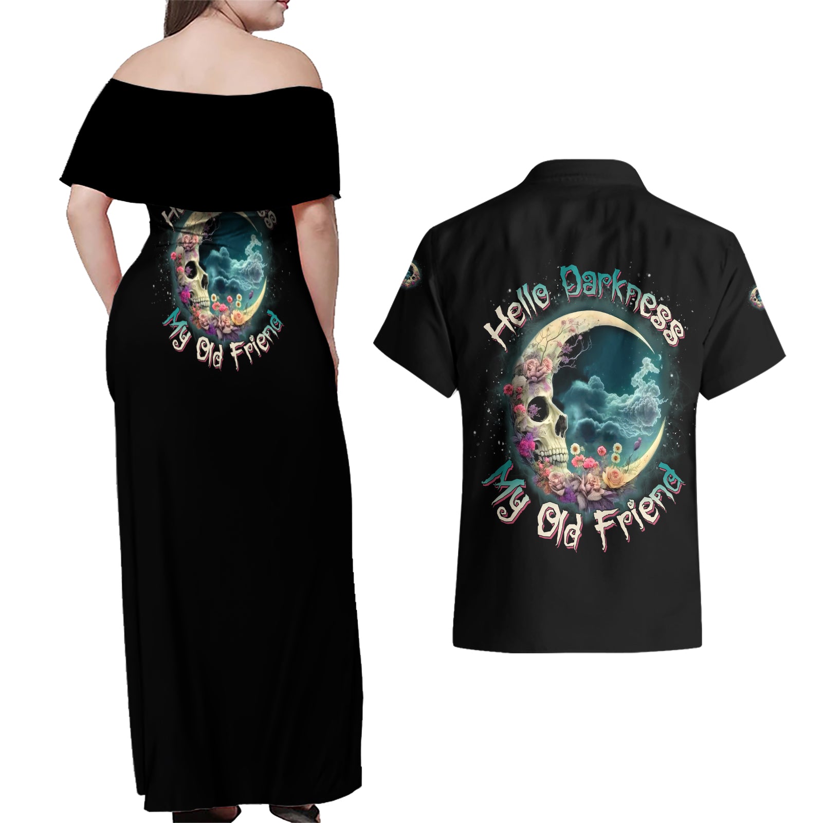 hello-darkness-my-old-friend-crescent-moon-skull-couples-matching-off-shoulder-maxi-dress-and-hawaiian-shirt