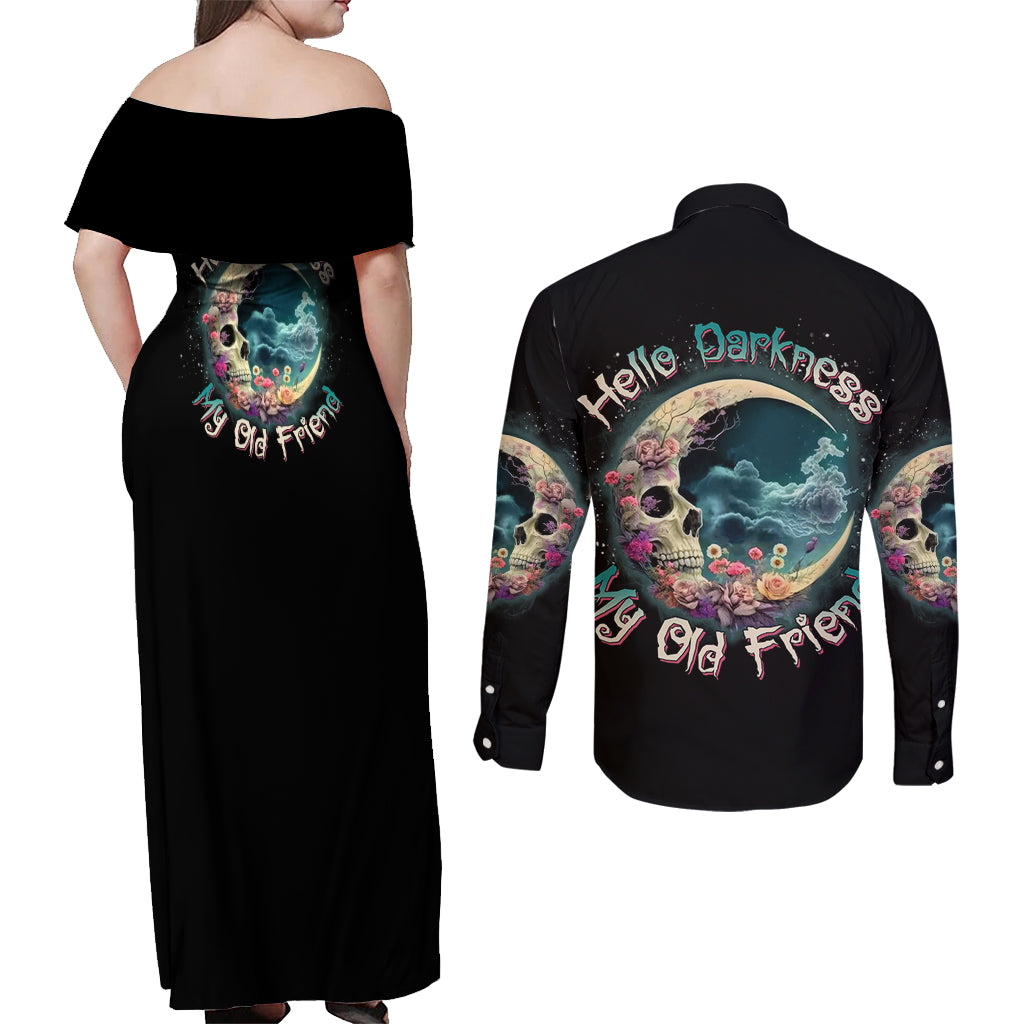 hello-darkness-my-old-friend-crescent-moon-skull-couples-matching-off-shoulder-maxi-dress-and-long-sleeve-button-shirt