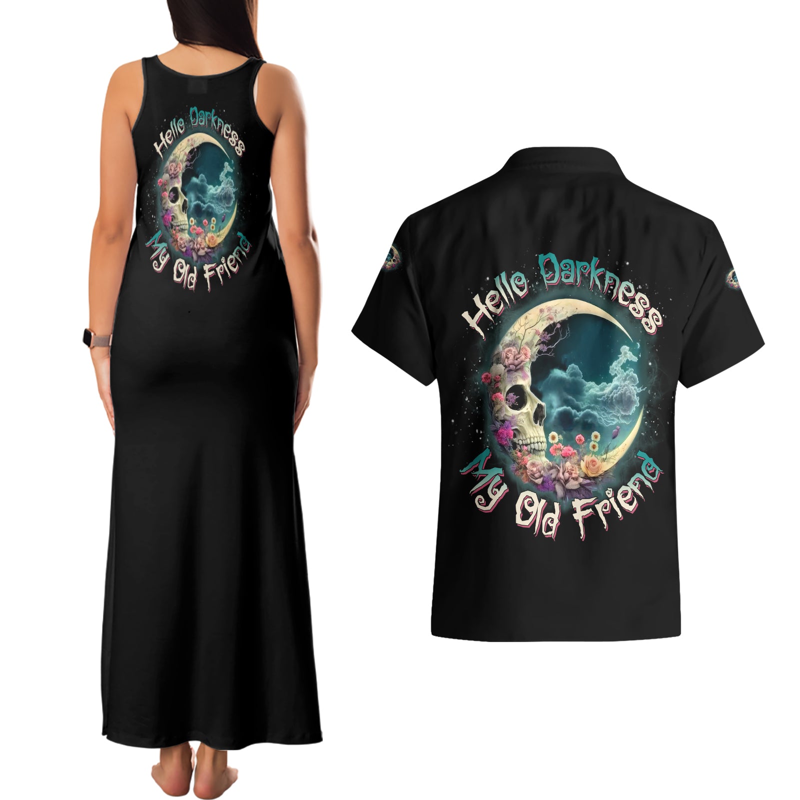 hello-darkness-my-old-friend-crescent-moon-skull-couples-matching-tank-maxi-dress-and-hawaiian-shirt