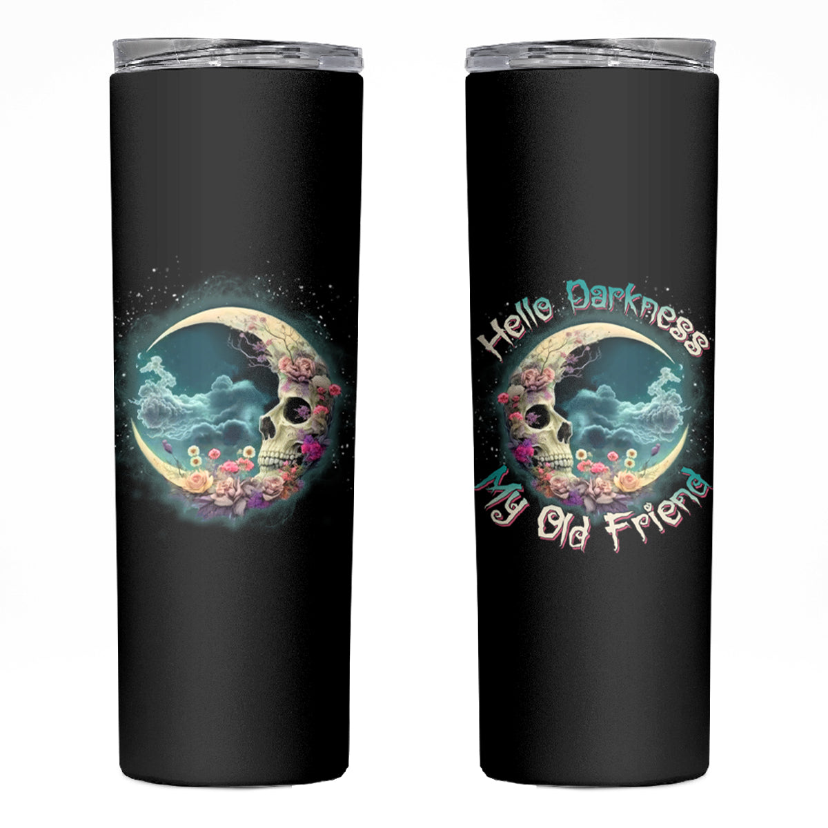 Hello Darkness My Old Friend Crescent Moon Skull Skinny Tumbler