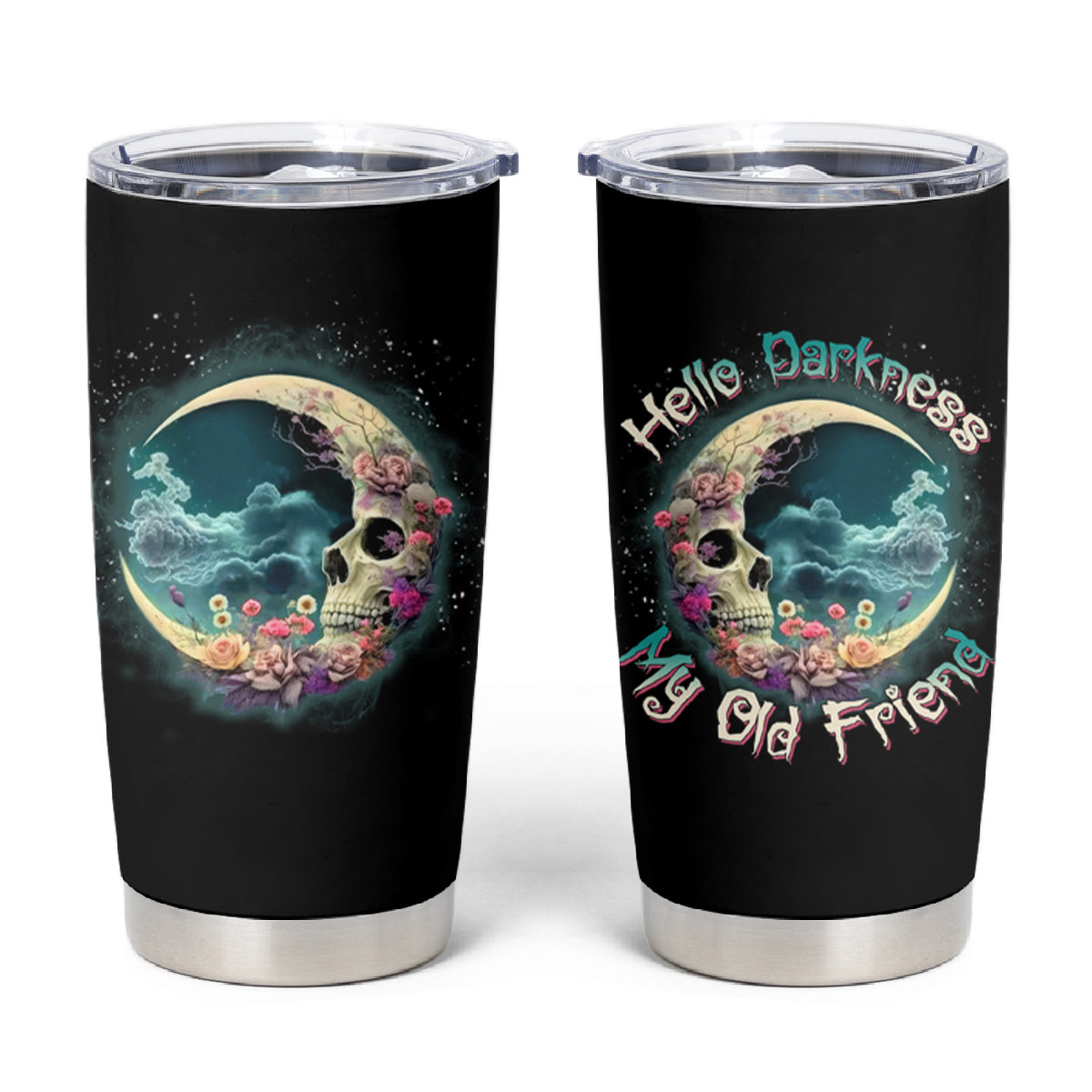 Hello Darkness My Old Friend Crescent Moon Skull Tumbler Cup