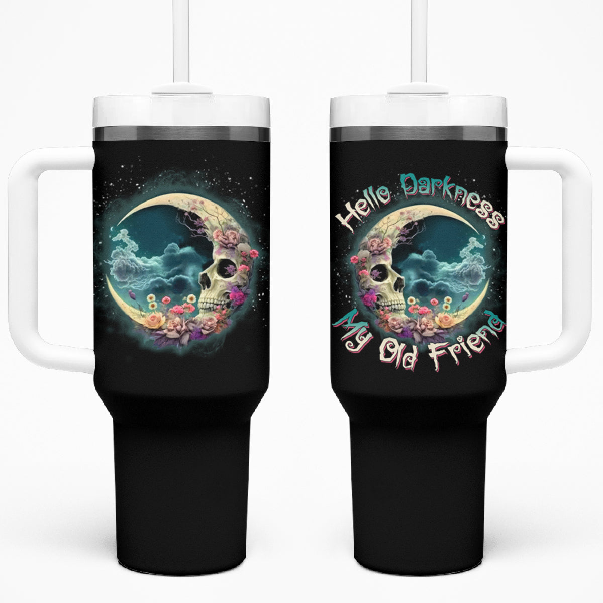 Hello Darkness My Old Friend Crescent Moon Skull Tumbler With Handle