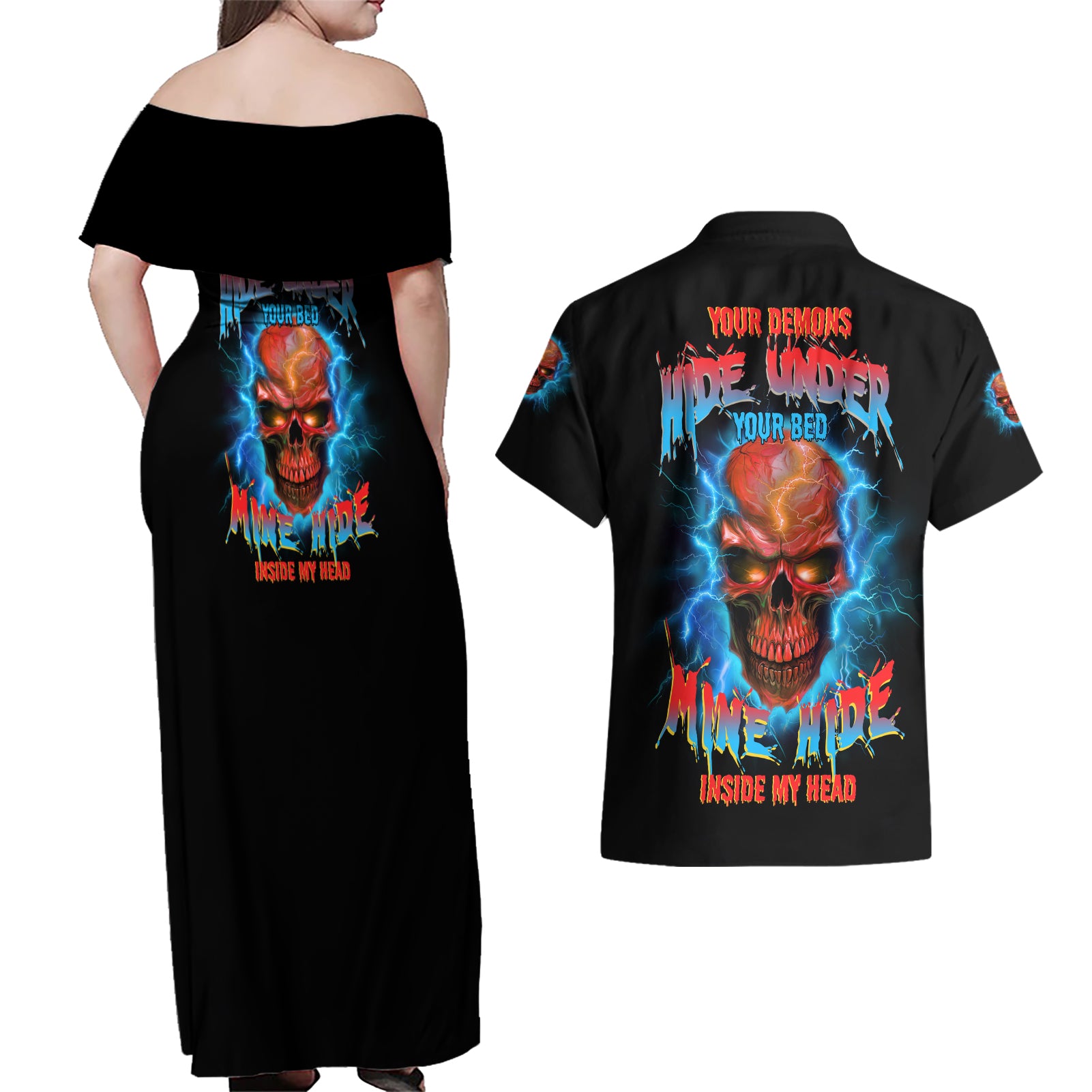 your-demons-hide-under-your-bed-thunder-skull-couples-matching-off-shoulder-maxi-dress-and-hawaiian-shirt