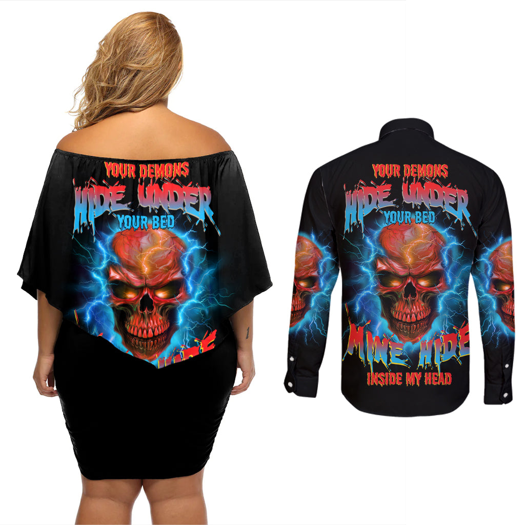 your-demons-hide-under-your-bed-thunder-skull-couples-matching-off-shoulder-short-dress-and-long-sleeve-button-shirt