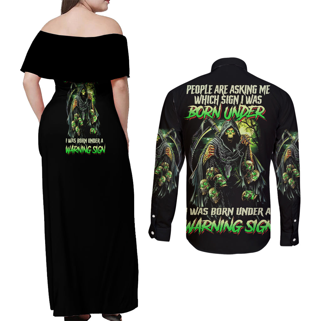 warning-sign-skull-reaper-couples-matching-off-shoulder-maxi-dress-and-long-sleeve-button-shirt