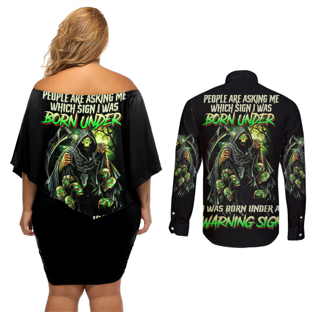 warning-sign-skull-reaper-couples-matching-off-shoulder-short-dress-and-long-sleeve-button-shirt