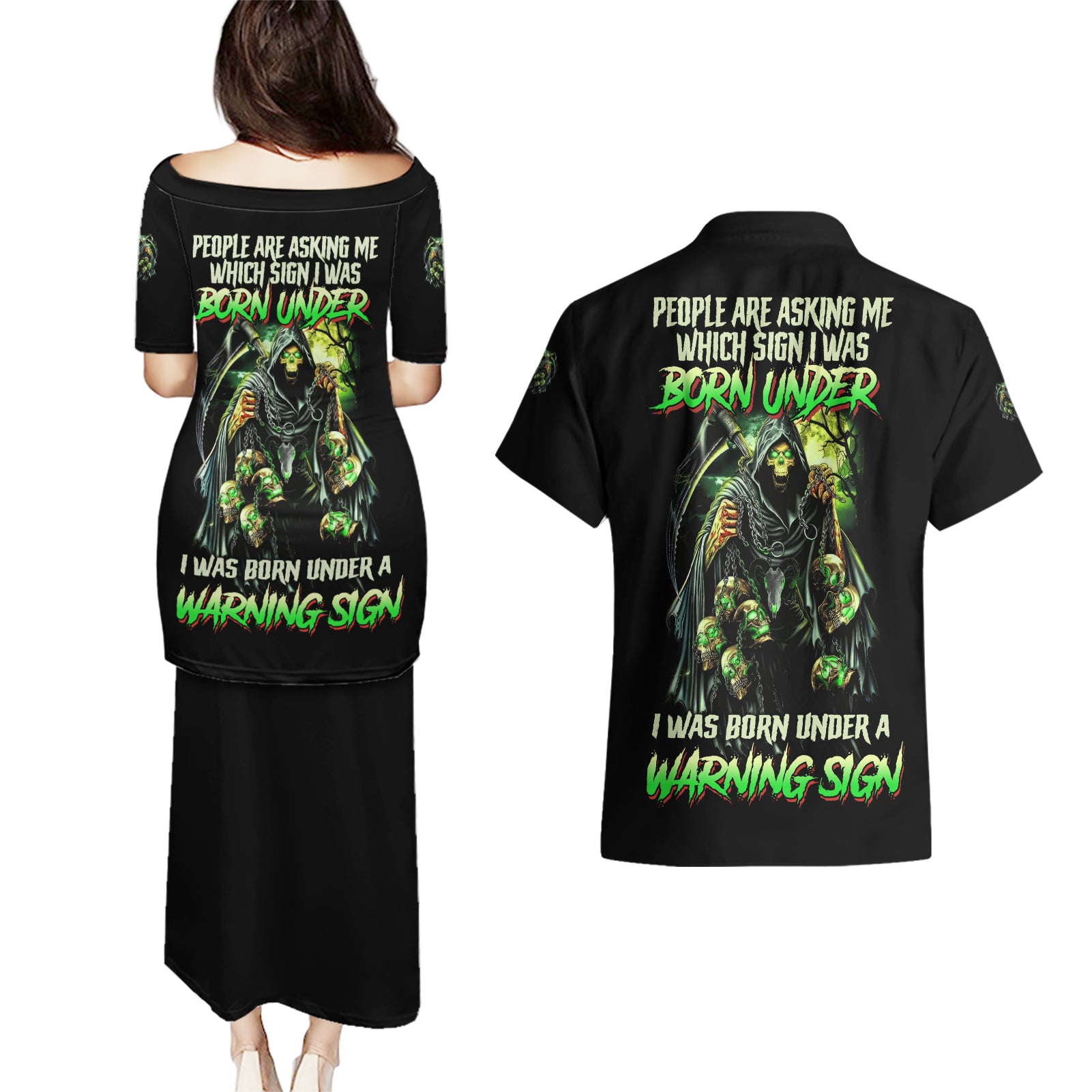 warning-sign-skull-reaper-couples-matching-puletasi-dress-and-hawaiian-shirt