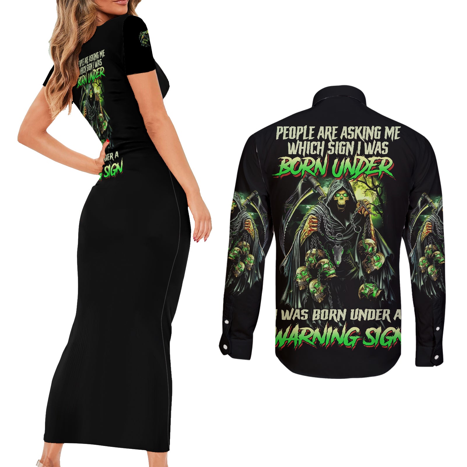 warning-sign-skull-reaper-couples-matching-short-sleeve-bodycon-dress-and-long-sleeve-button-shirt