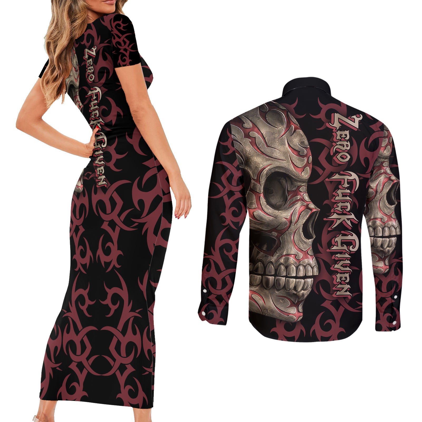 zero-f-given-skull-couples-matching-short-sleeve-bodycon-dress-and-long-sleeve-button-shirt